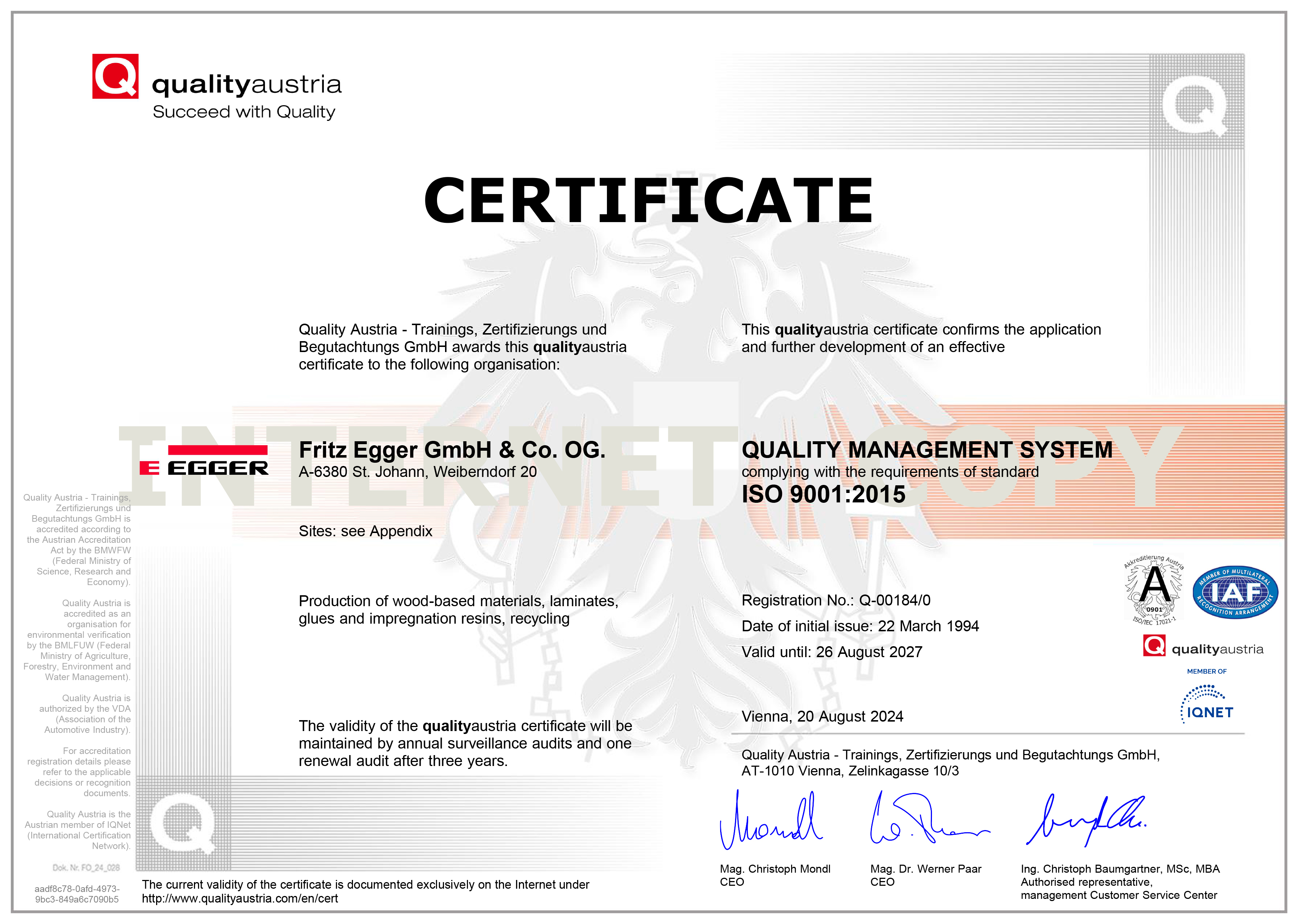 Zertifikat EGGER ISO 9001