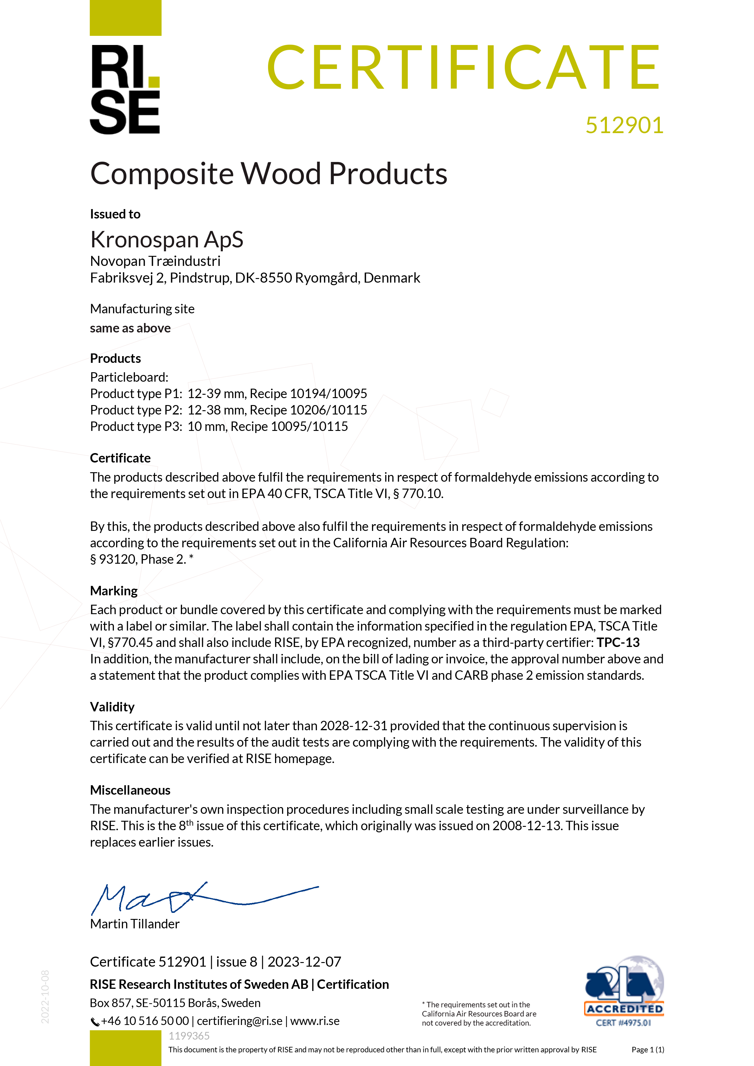 Zertifikat Kronospan EPA CARB